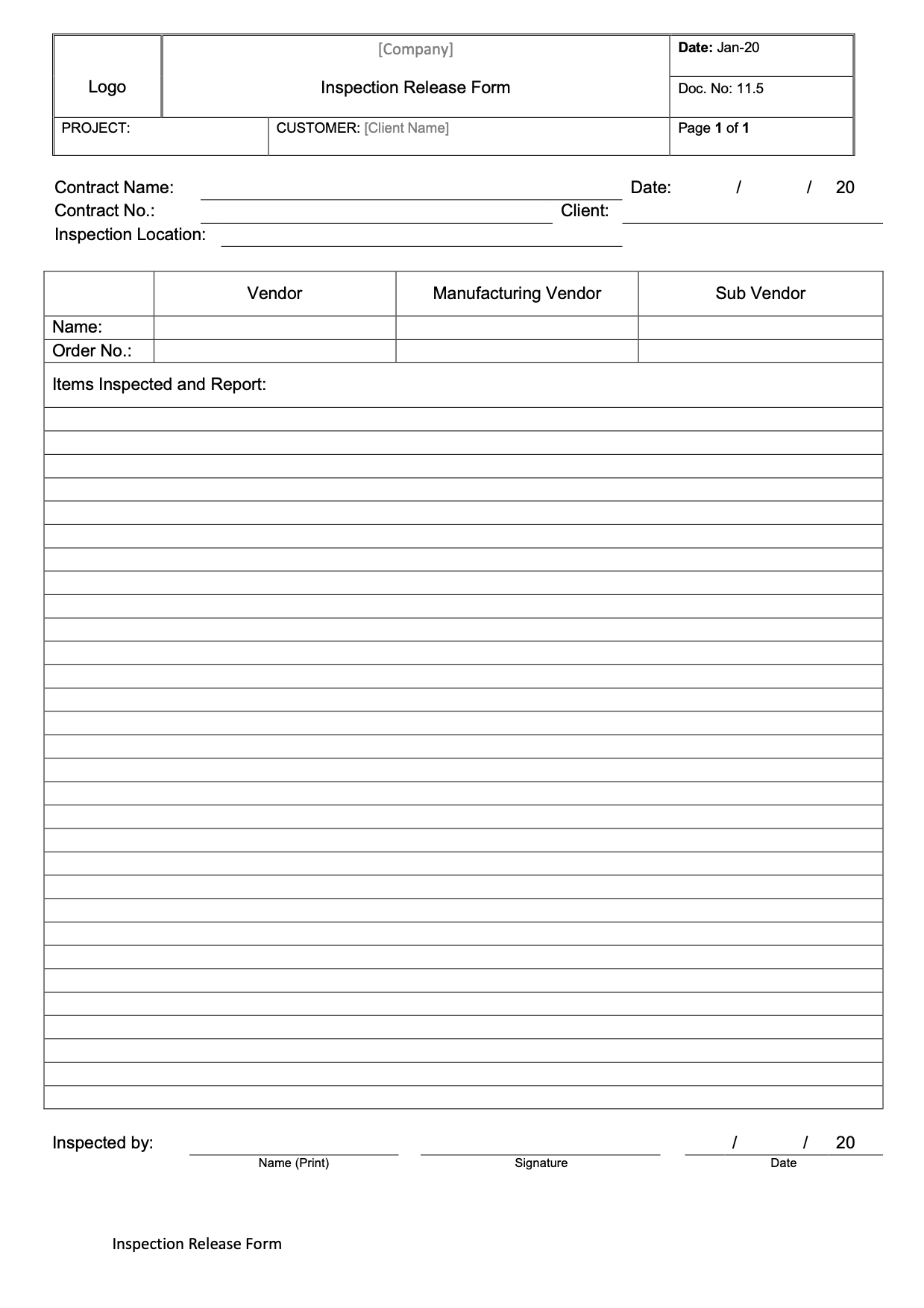 CT006 - Inspection Release Form